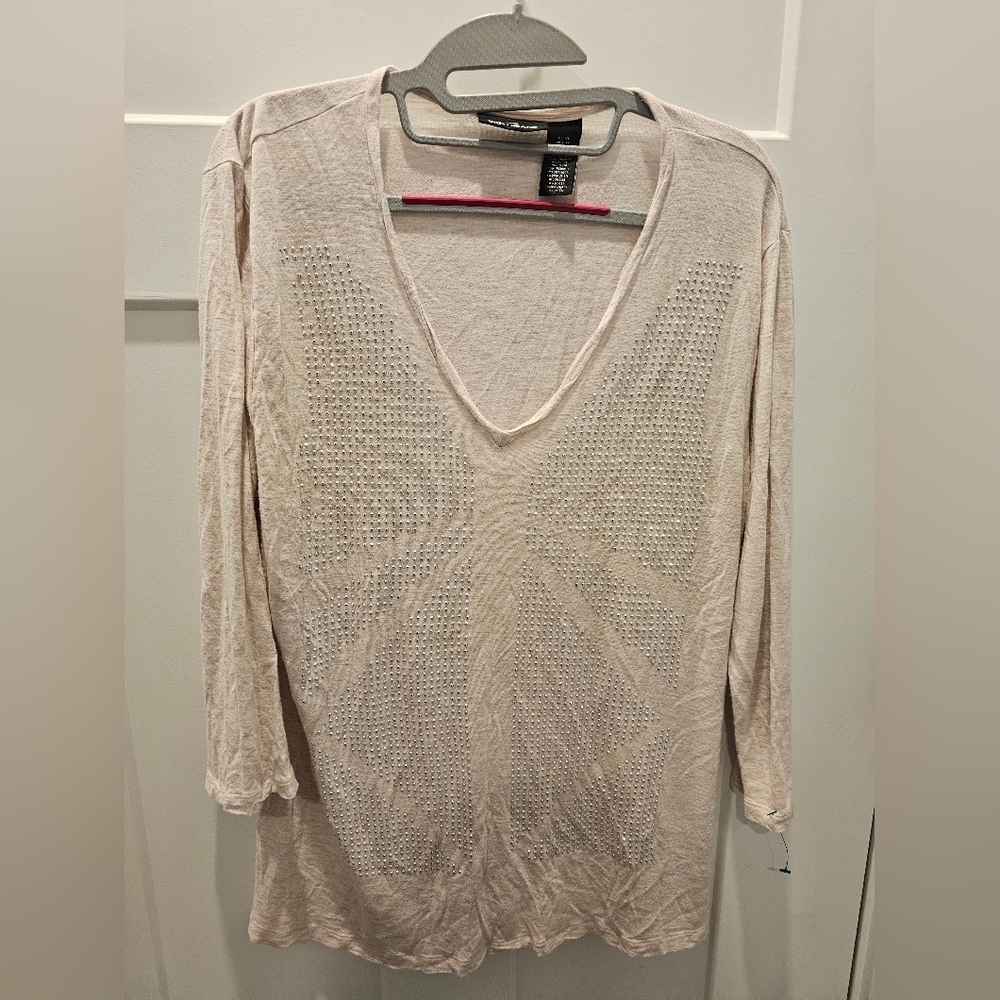 DKNY Jeans Beige Studded V-Neck Long Sleeve Top Women’s XL Lightweight Embellish